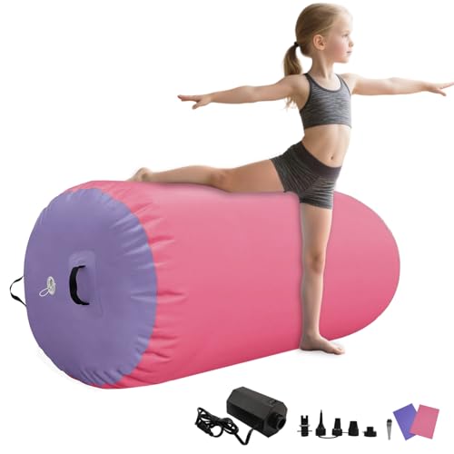 Air Roller Gymnastics Barrel Inflatable Tumbling Roller Air Mat with Electric Pump for Backhandspring Training Yoga Cheerleading Home Use Gym (Pink Purple-Air Roller